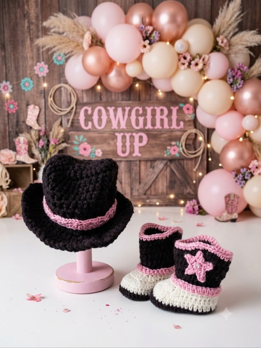 Handmade Crochet Baby Girl Pink Cowgirl Cowboy Hat and Booties Set 0-3 Months